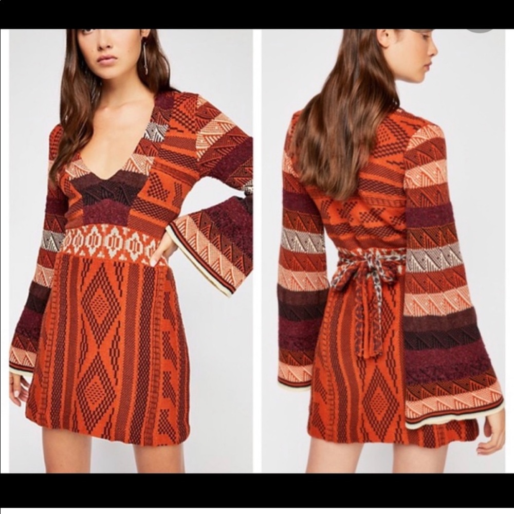 Free People Bohemian Orange Patterned V-Neck Mini Dress with Tie Waist Sz XS